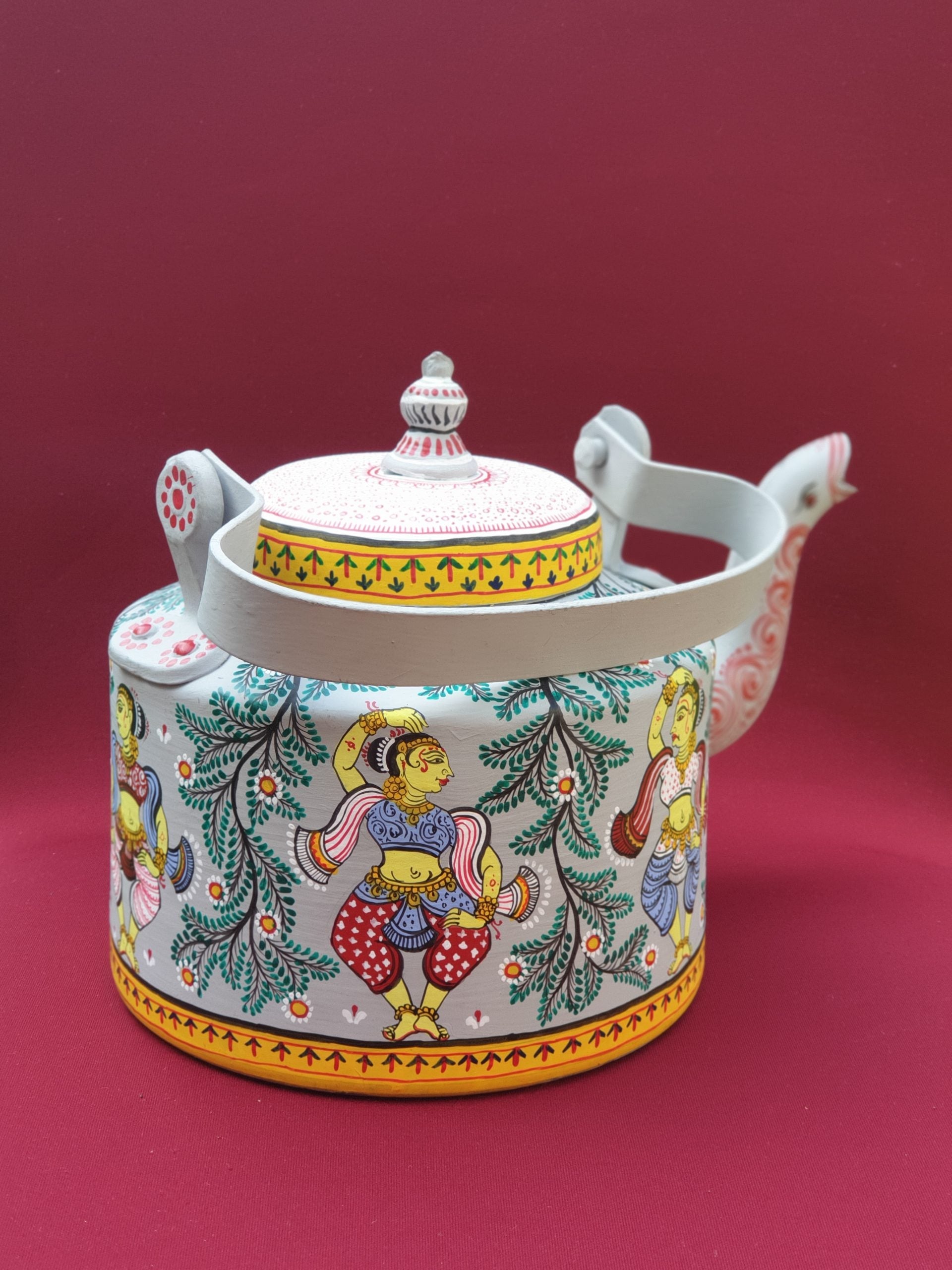 Vintage Vistara Leaf Grey Teapot with Handpainted Pattachitra Woman