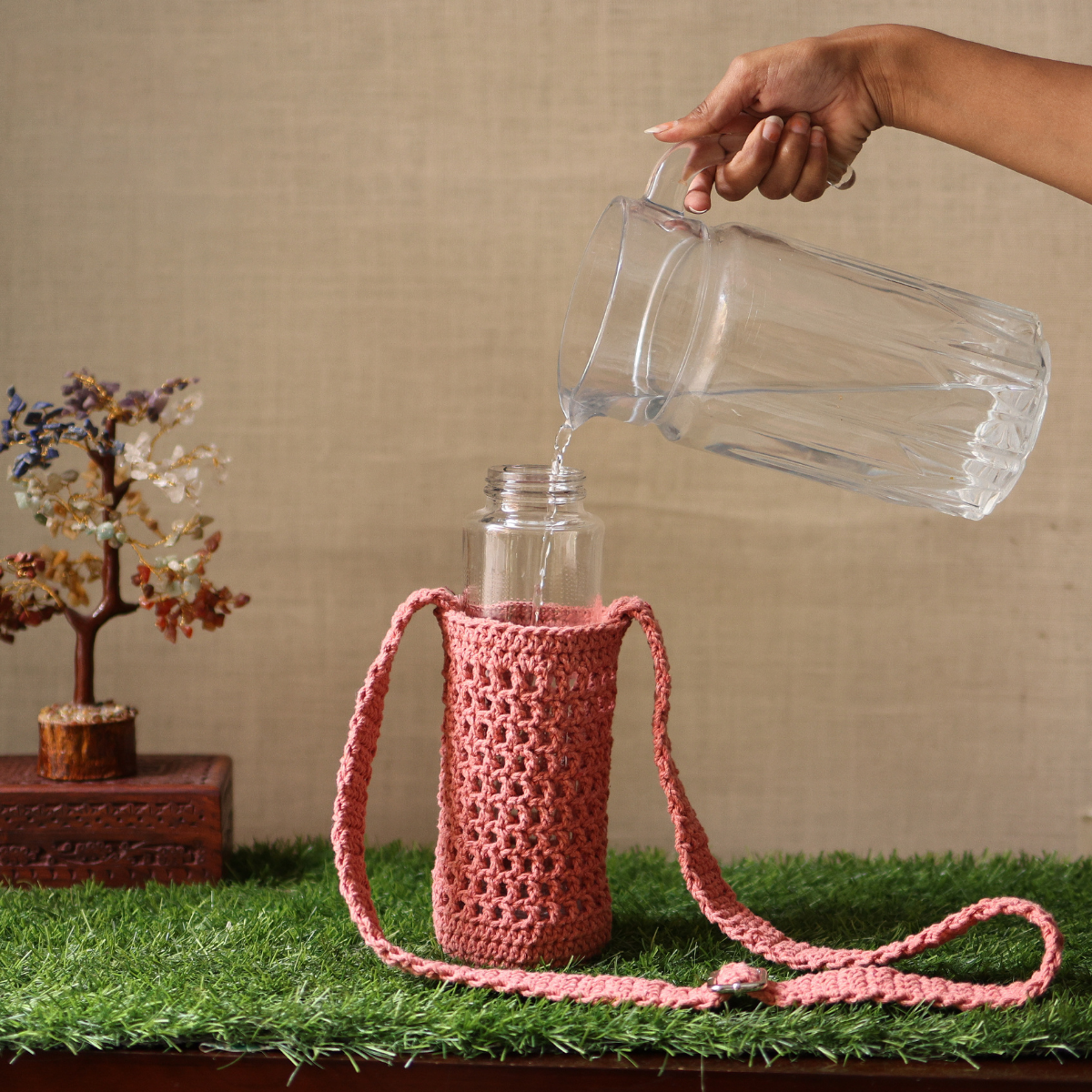 Cotton Crochet Sling Bottle Cover | Handmade | Peach