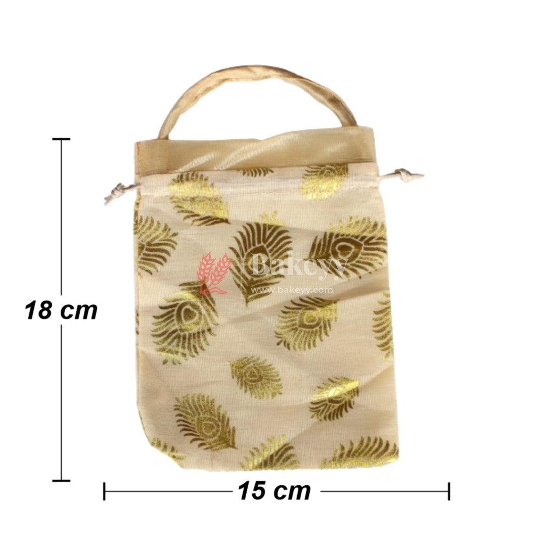 16x18 CM | Golden Peacock Feather Design Gift Bag | Drawstring Bags