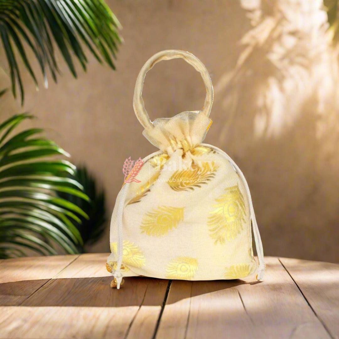 16x18 CM | Golden Peacock Feather Design Gift Bag | Drawstring Bags