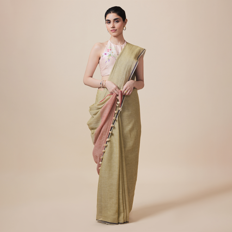 Cotton Printed Saree with Blouse | Sage Green