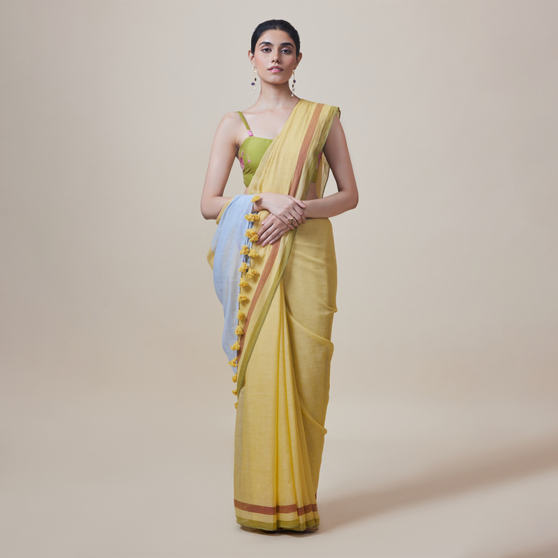 Cotton Solid Saree with Blouse | Yellow