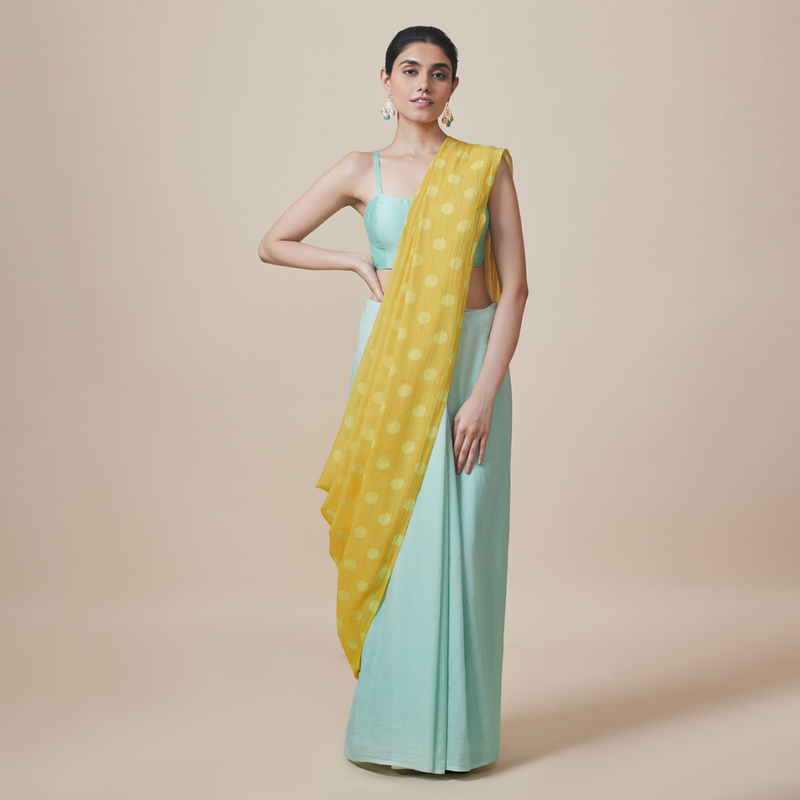 Linen Solid Saree with Blouse | Polka Dots | Aqua Blue & Yellow