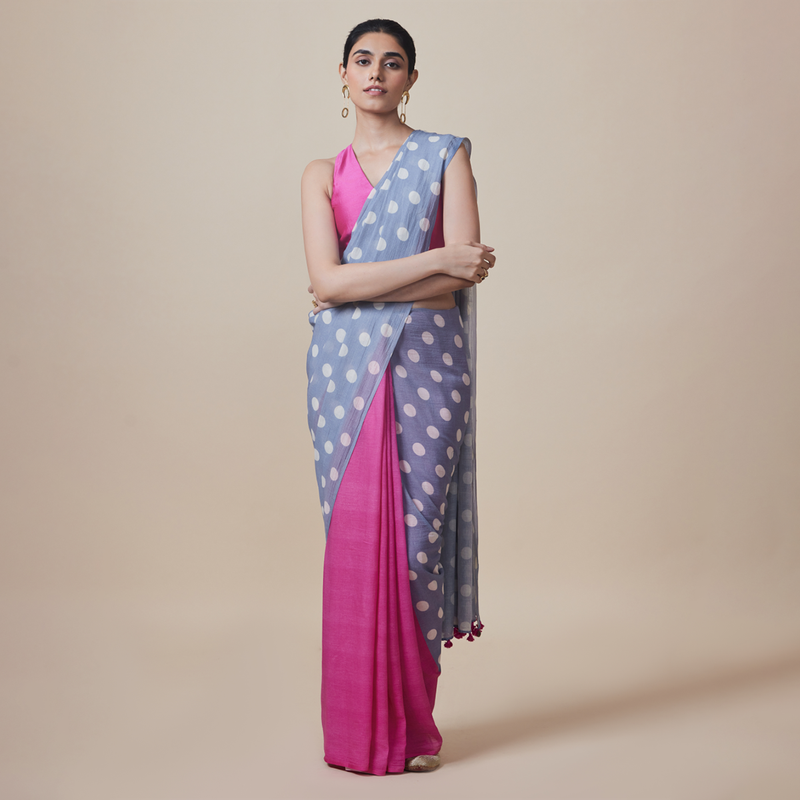 Cotton Solid Saree with Blouse | Polka Dots | Puple & Pink