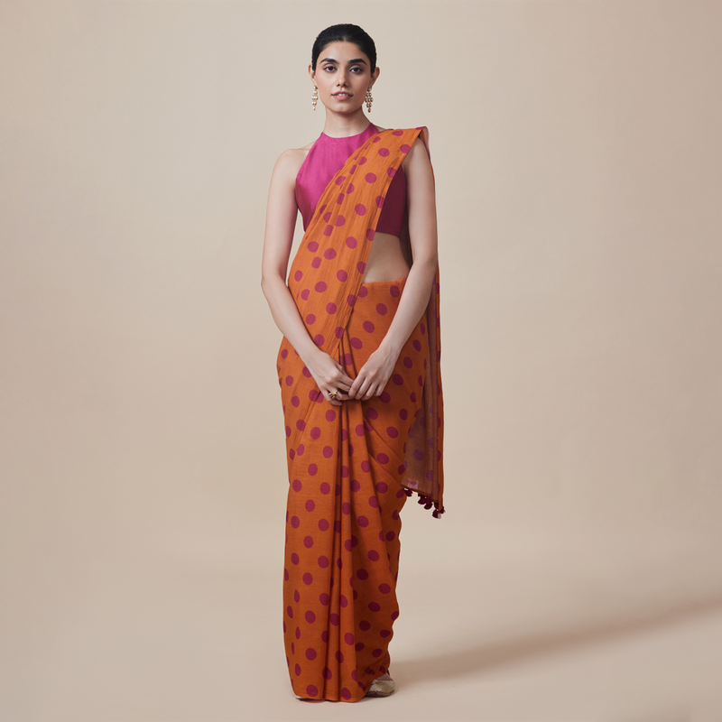 Linen Solid Saree with Blouse | Polka Dots | Orange