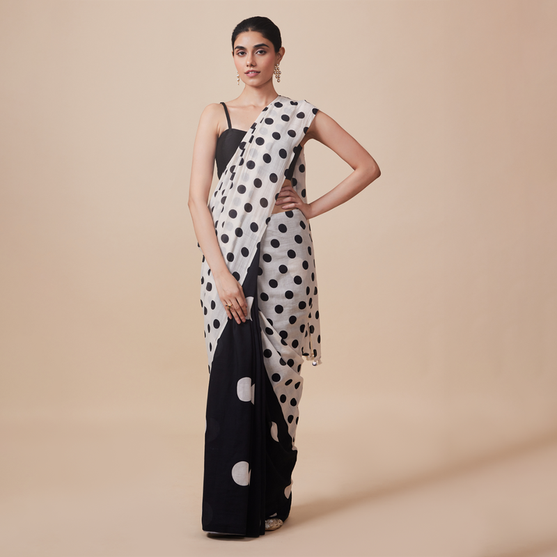 Linen Solid Saree with Blouse | Polka Dots | Ivory