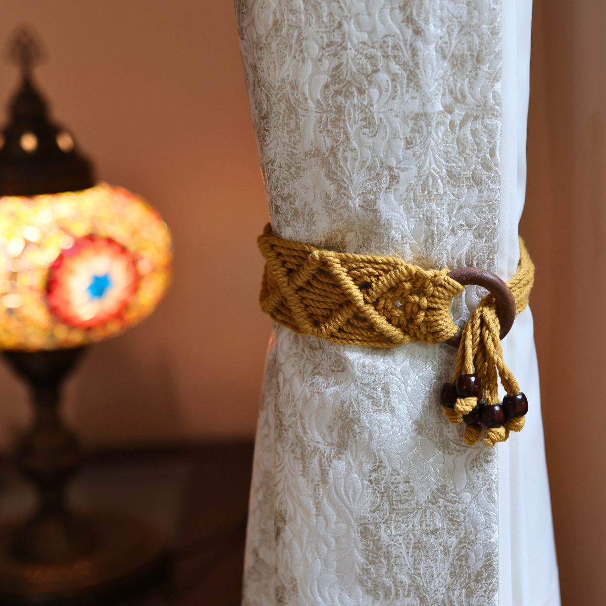 Cotton Macrame Ring Curtain Ties | Yellow