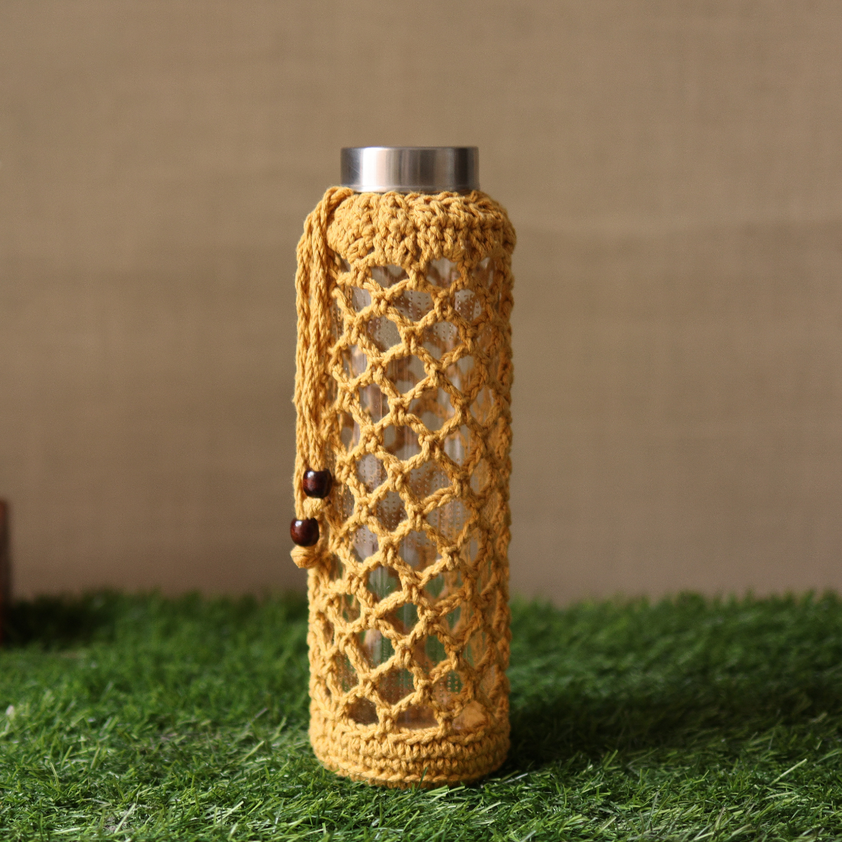 Cotton Bottle Cover | Crochet Web Bottle Bag | Handmade | Yellow