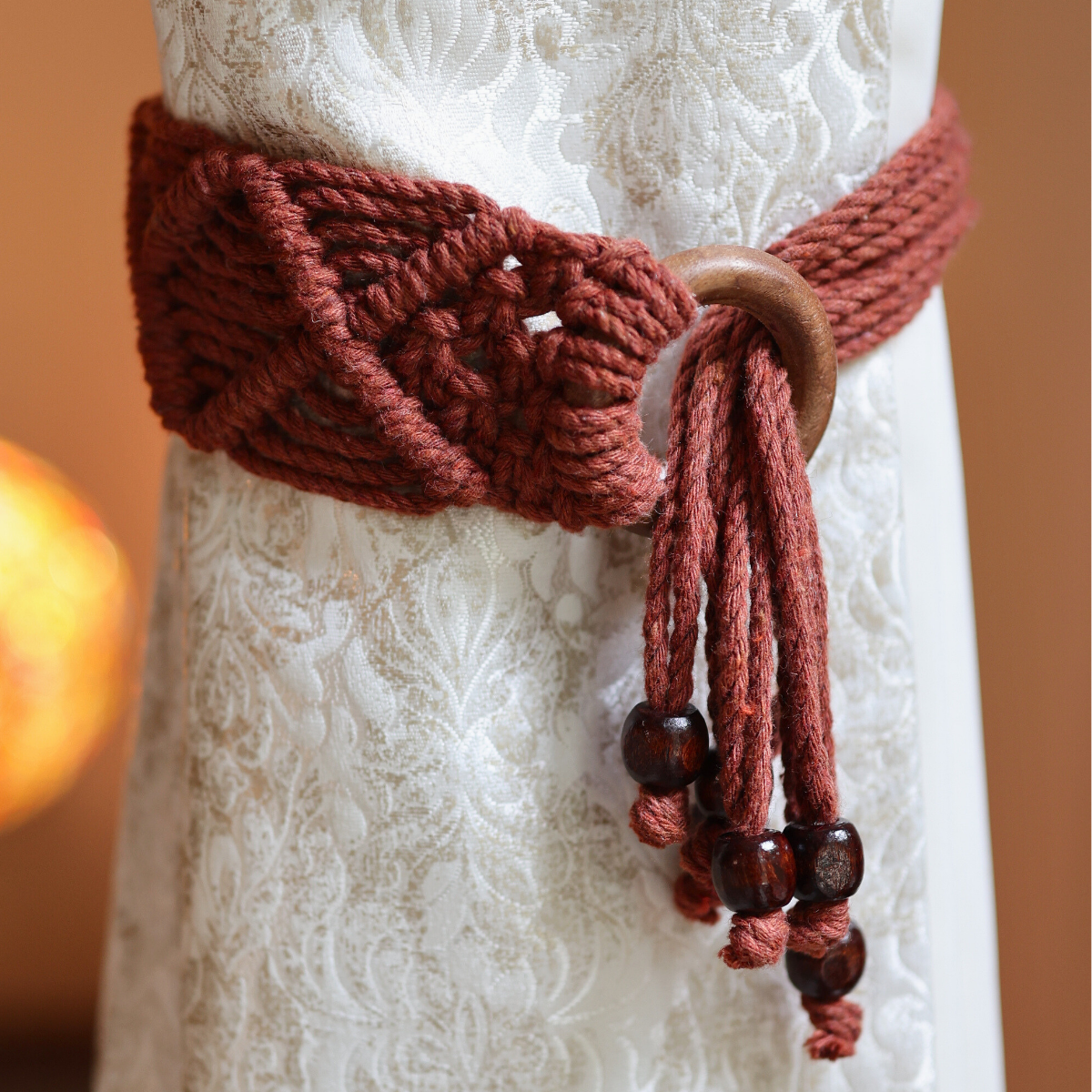 Cotton Macrame Ring Curtain Ties | Brown