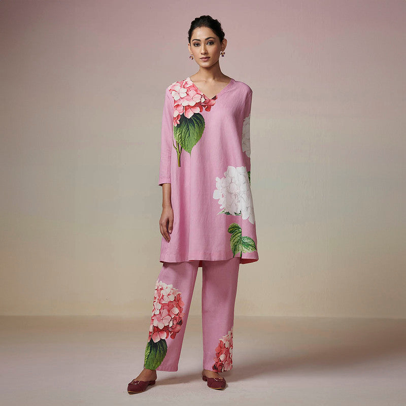 Cotton Linen Pink Kurta Set for Women | Printed