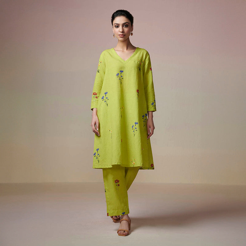 Cotton Linen Kurta Set for Women | Lime Green