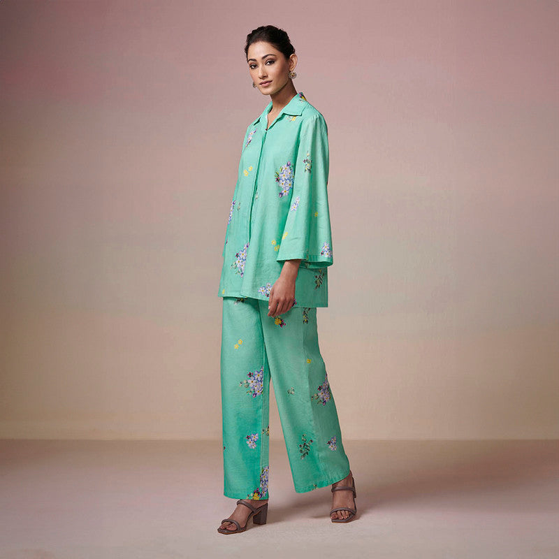 Cotton Linen Short Kurta Set | Green | Printed