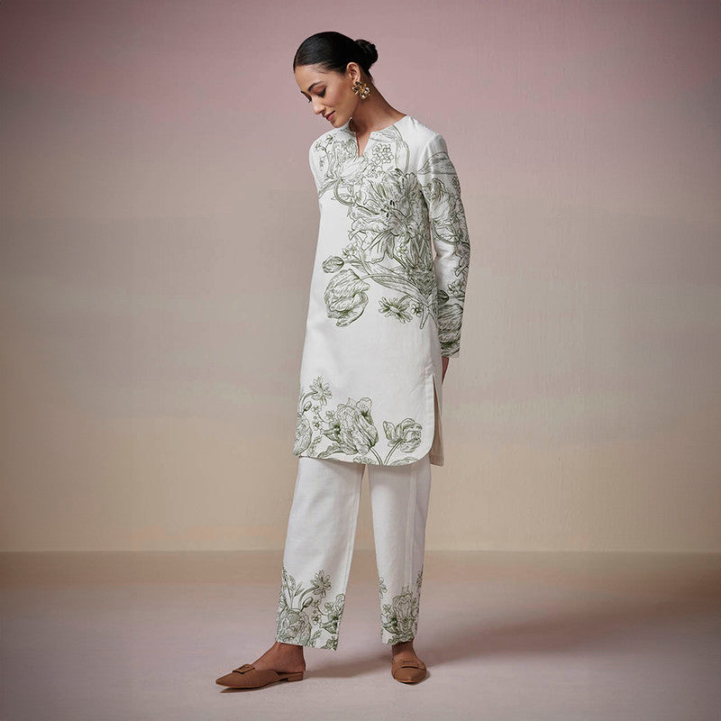 Cotton Linen Kurta Set for Women | Ivory | Floral Print