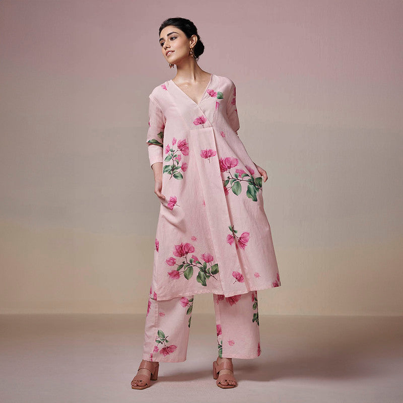 Cotton Linen A-Line Kurta Set | Pink