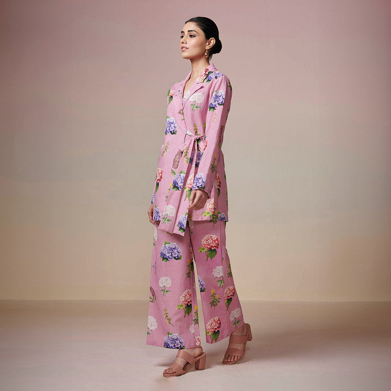 Cotton Linen Pink Kurta Pant Set | Tie-Up | Printed