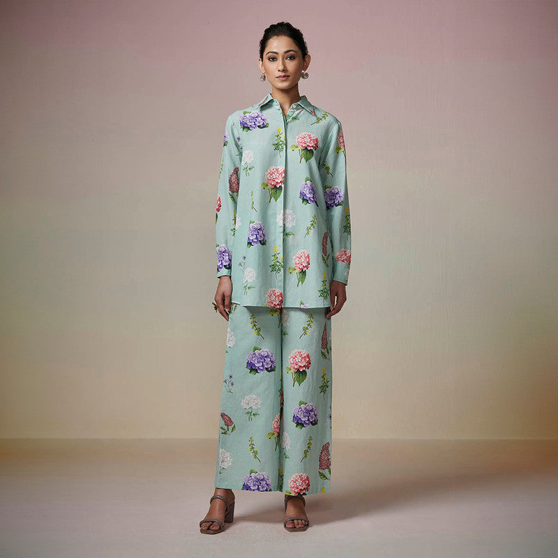 Cotton Linen Kurta Set for Women | Teal Blue | Printed