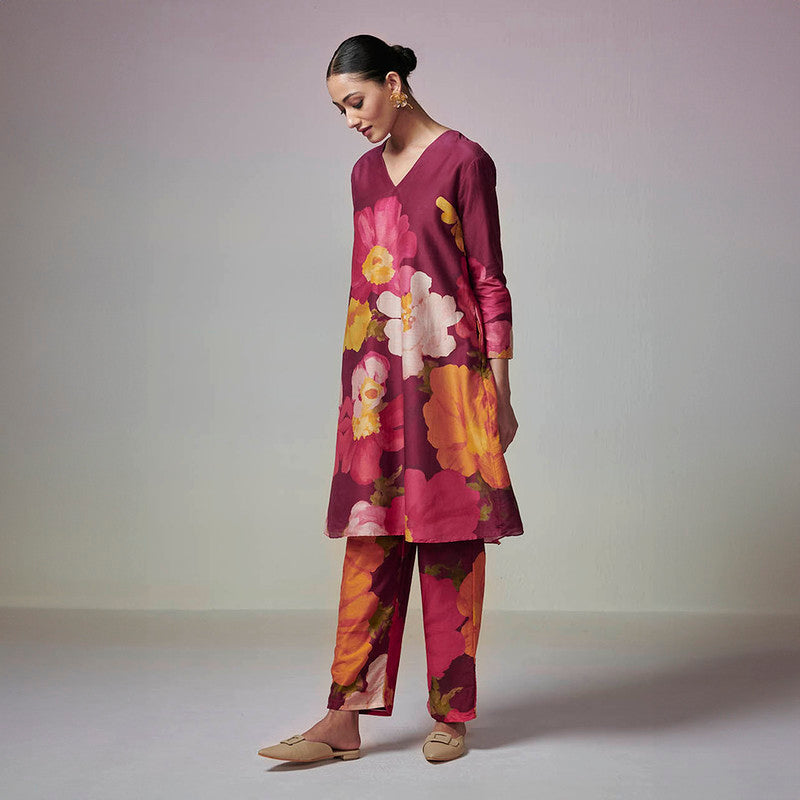 Chanderi Printed Kurta Set for Women | Maroon