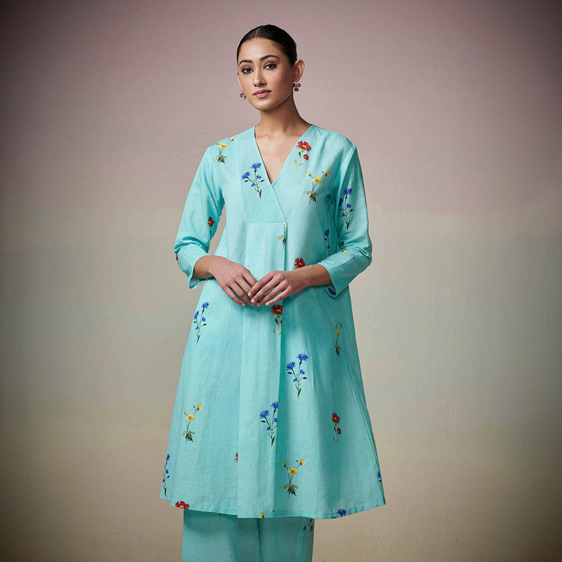 Cotton Linen Printed Kurta Set for Women | Blue