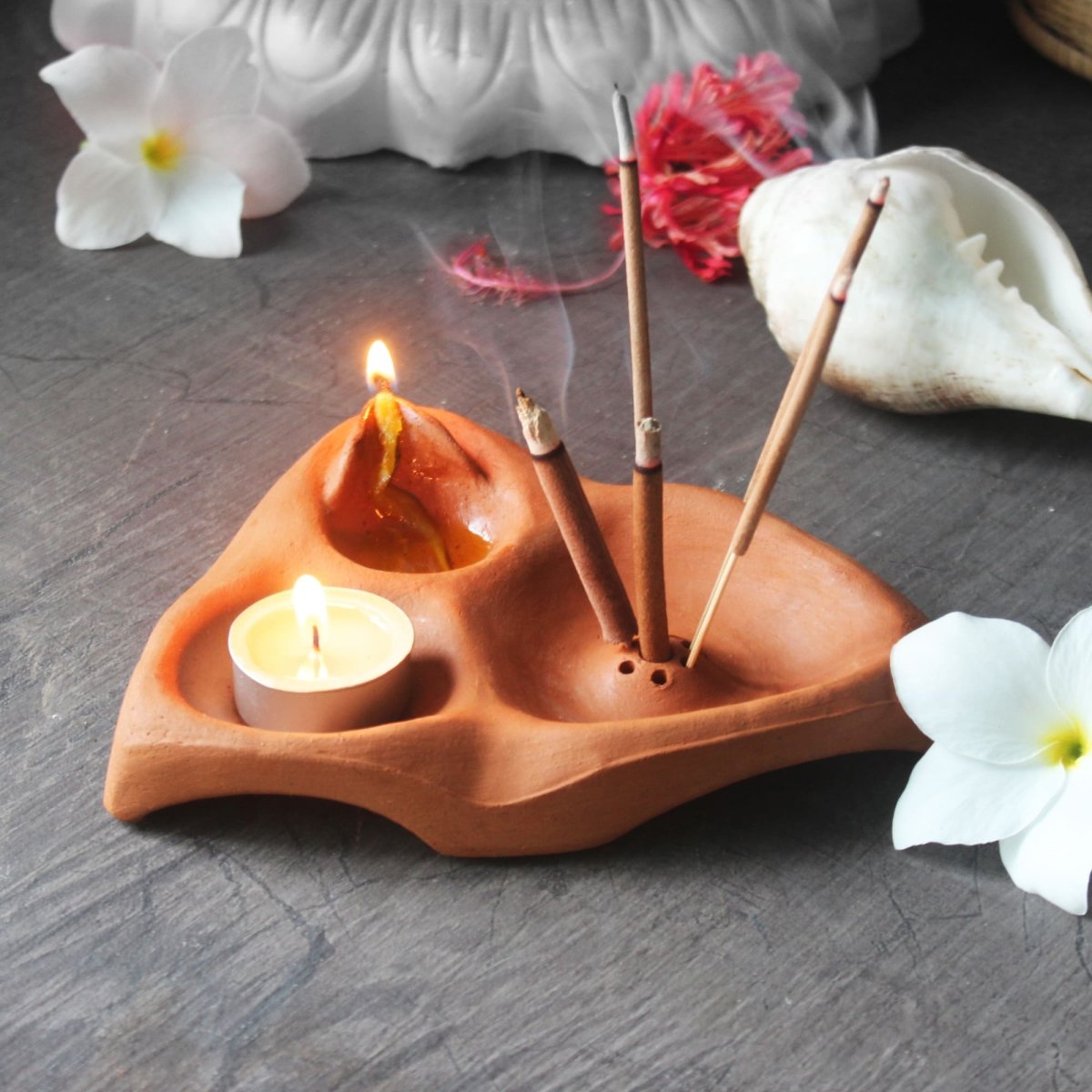 3 In 1 Puja Essential | Terracotta Plain Fire Angle + Complimentary Candles, Cotton Wicks & Agarbatti