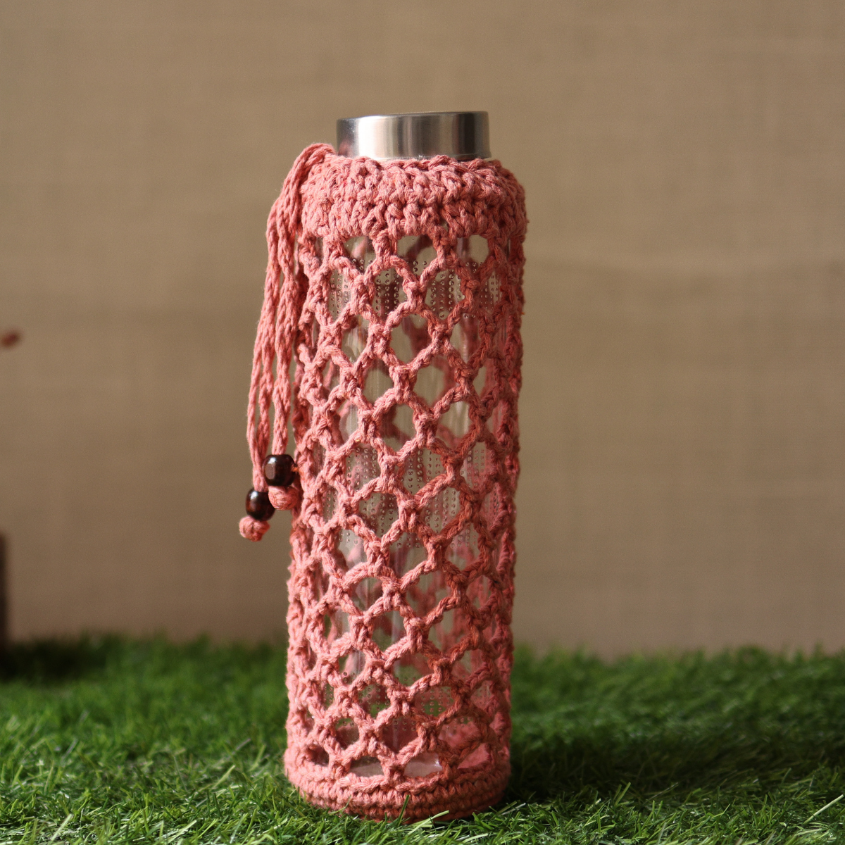 Cotton Bottle Cover | Crochet Web Bottle Bag | Handmade | Peach