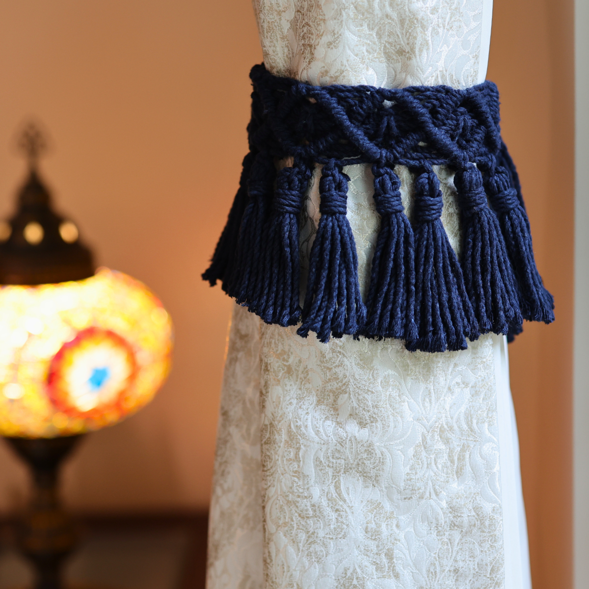 Cotton Macrame Tassel Curtain Ties | Blue