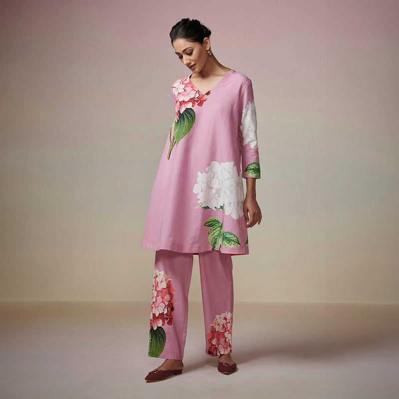 Cotton Linen Pink Kurta Set for Women | Printed