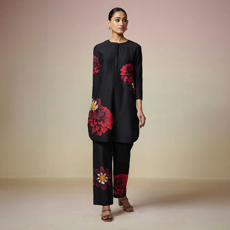 Chanderi Black Kurta Set for Women | Red Floral Print