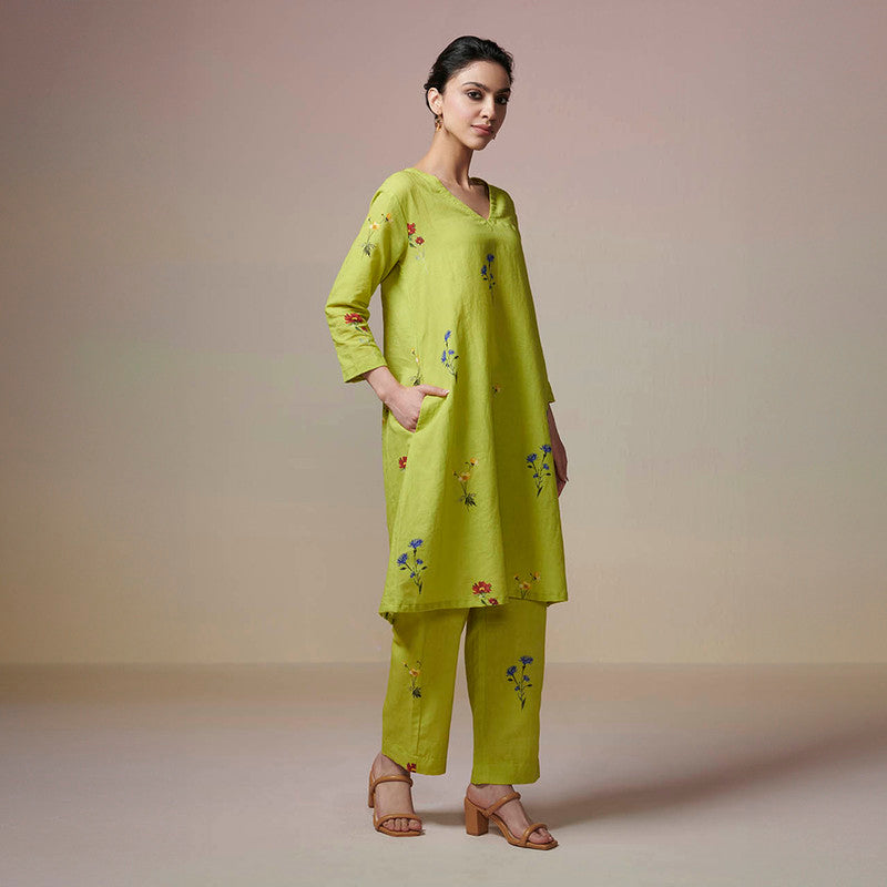 Cotton Linen Kurta Set for Women | Lime Green