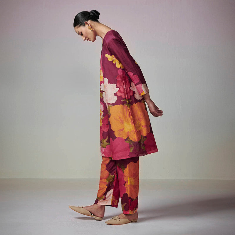 Chanderi Printed Kurta Set for Women | Maroon