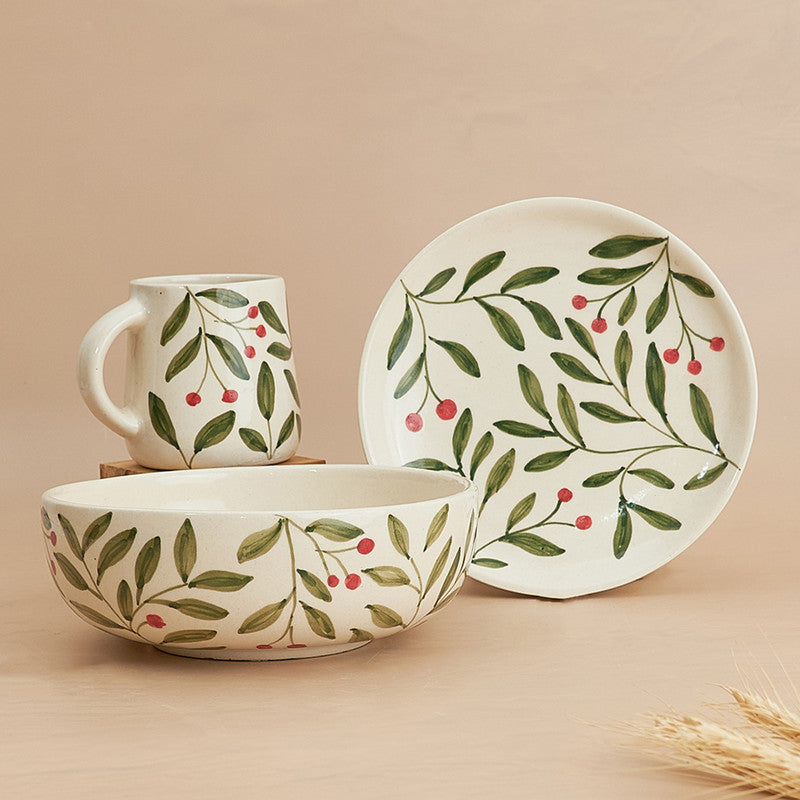 Ceramic Breakfast Set | Bowl, Mug & Plate | Leaf Printed | 3 Pcs