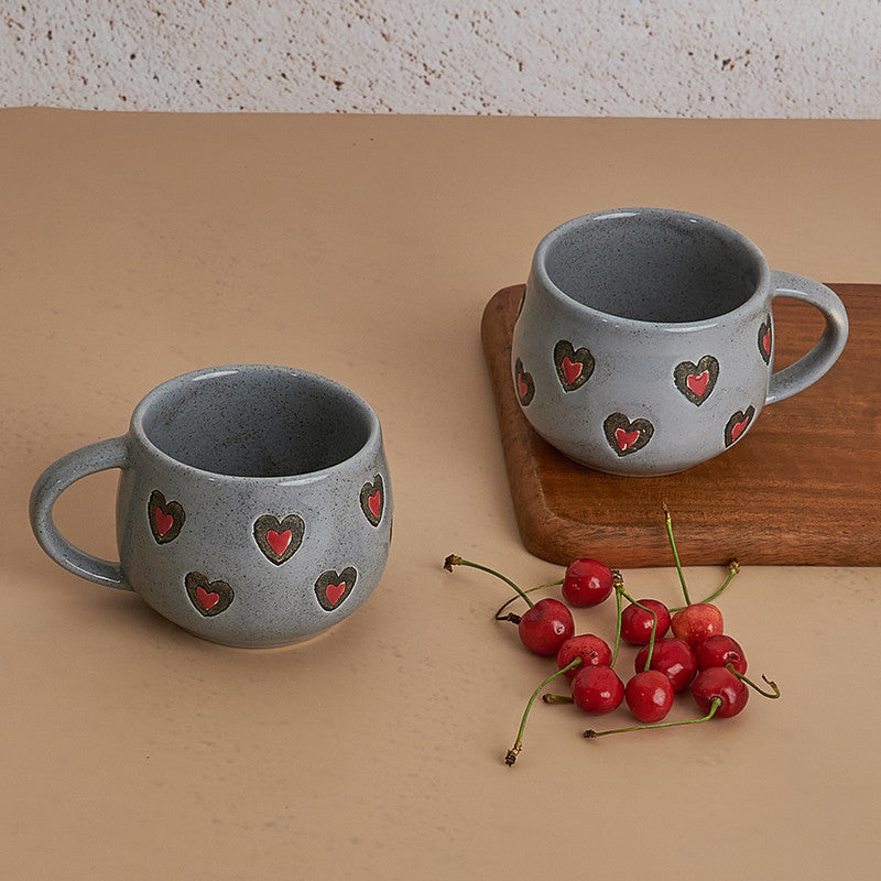 Ceramic Mug | Delicate Heart Design | 400 ml | Grey | Set of 2