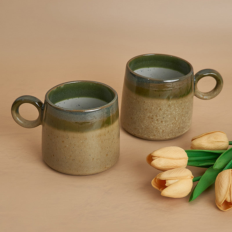 Ceramic Mug | Studio Pottery Mug | Green Glazed | 800 ml | Green & Beige | Set of 2