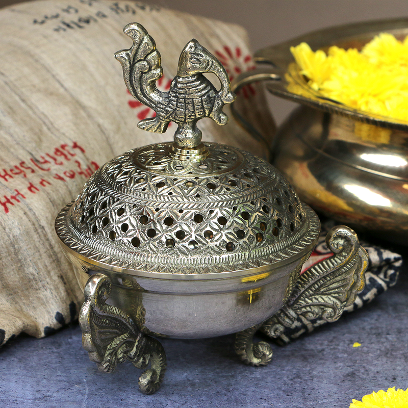 Brass Dhuni Sambrani Incense Burner | 3 Leg | Peacock Top