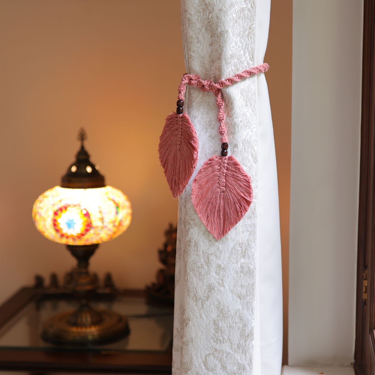 Cotton Macrame Leaf Curtain Ties | Peach