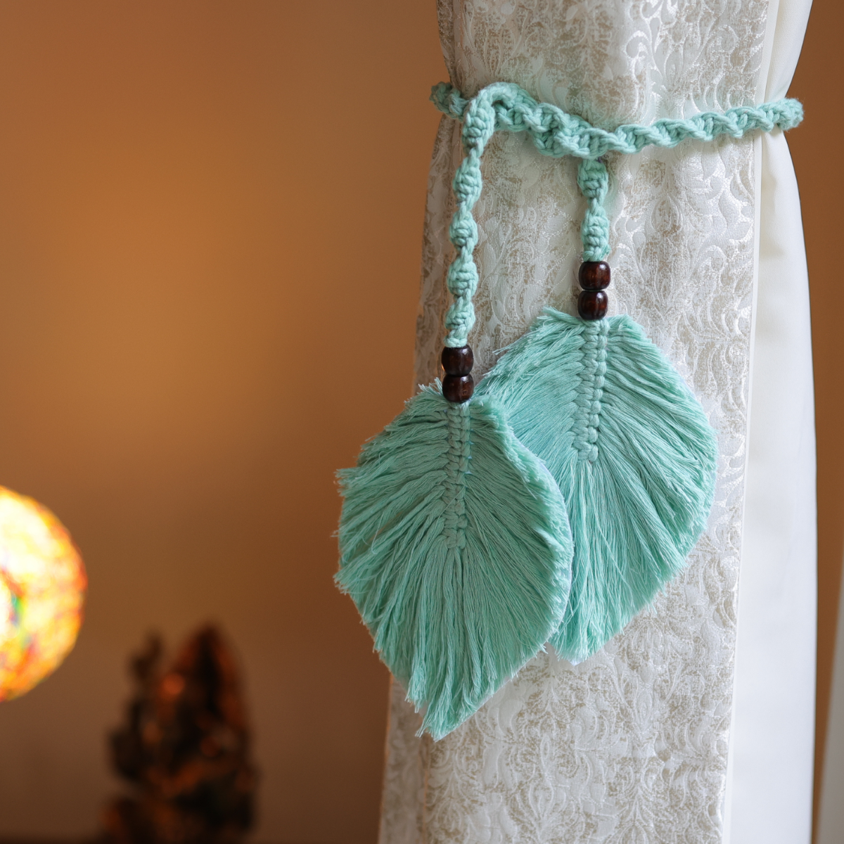 Cotton Macrame Leaf Curtain Ties | Aqua Blue