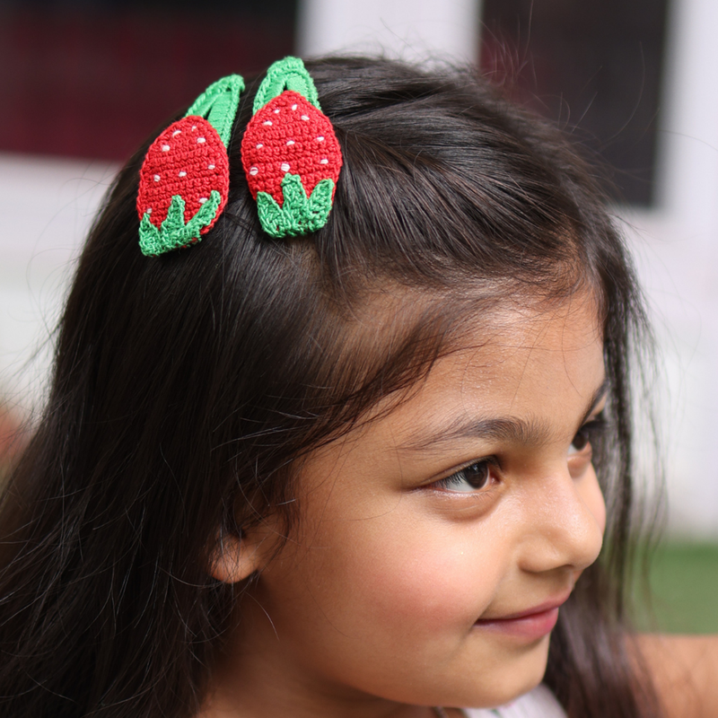 Cotton Crochet Hair Clips For Girls | Strawberry | Set of 2