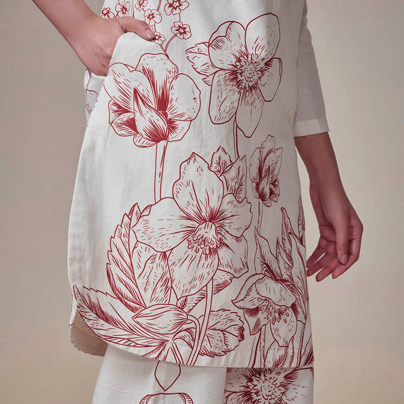 Cotton Linen Ivory Kurta Set for Women | Printed