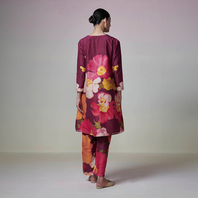 Chanderi Printed Kurta Set for Women | Maroon