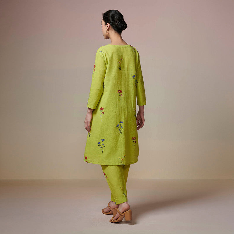 Cotton Linen Kurta Set for Women | Lime Green