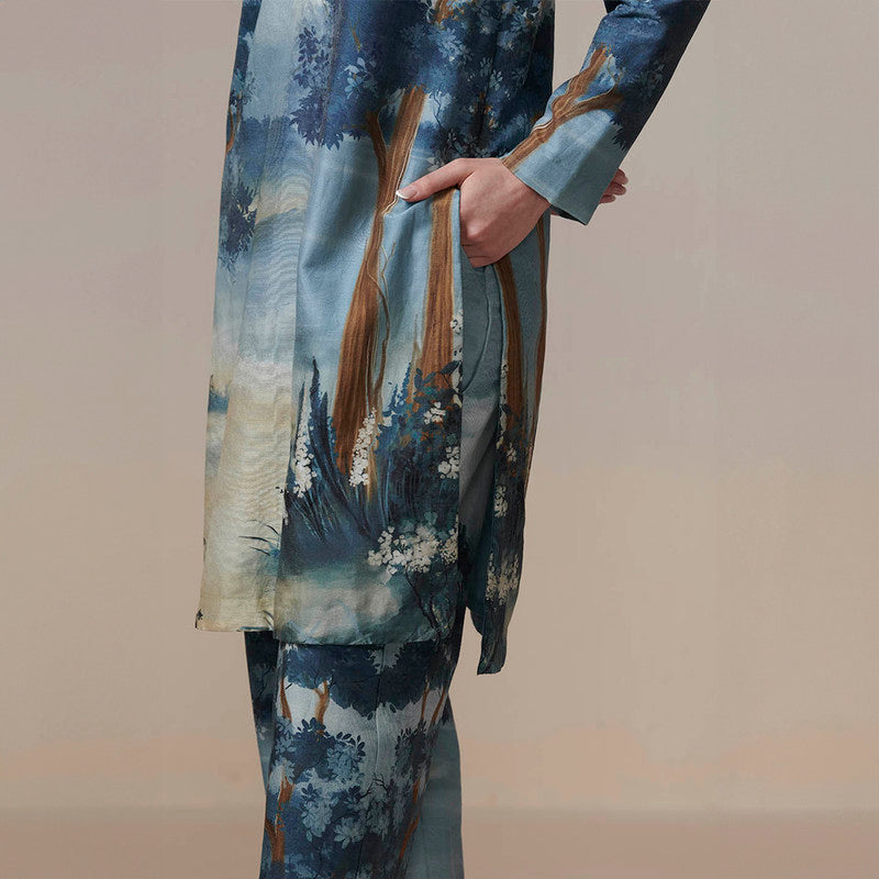 Chanderi Kurta Set for Women | Blue | Handpainted