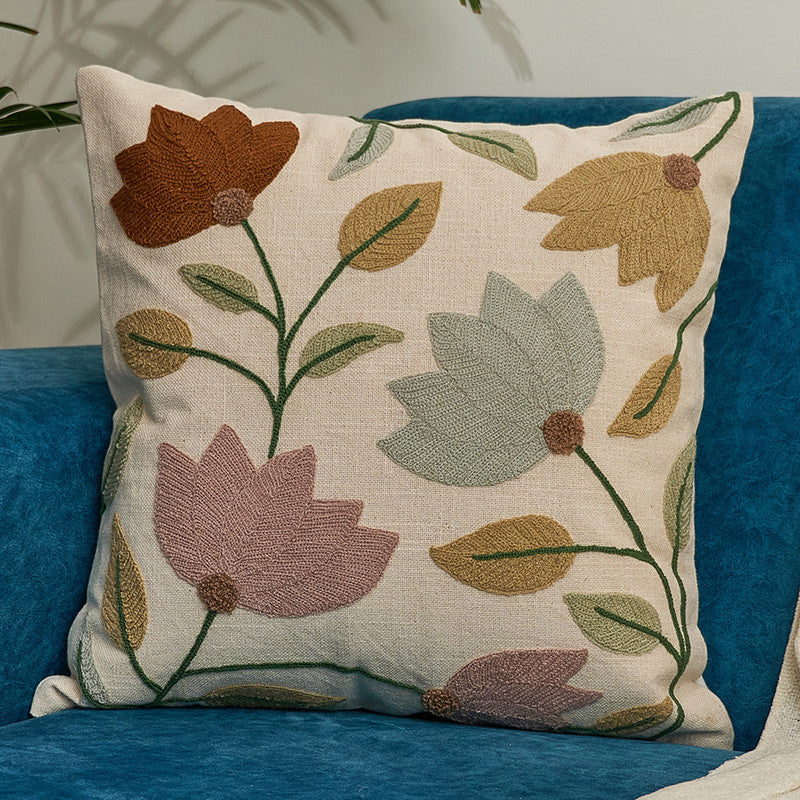 Cotton Cushion Cover | Lotus Flower | Embroidered | Beige | 16x 6 inches