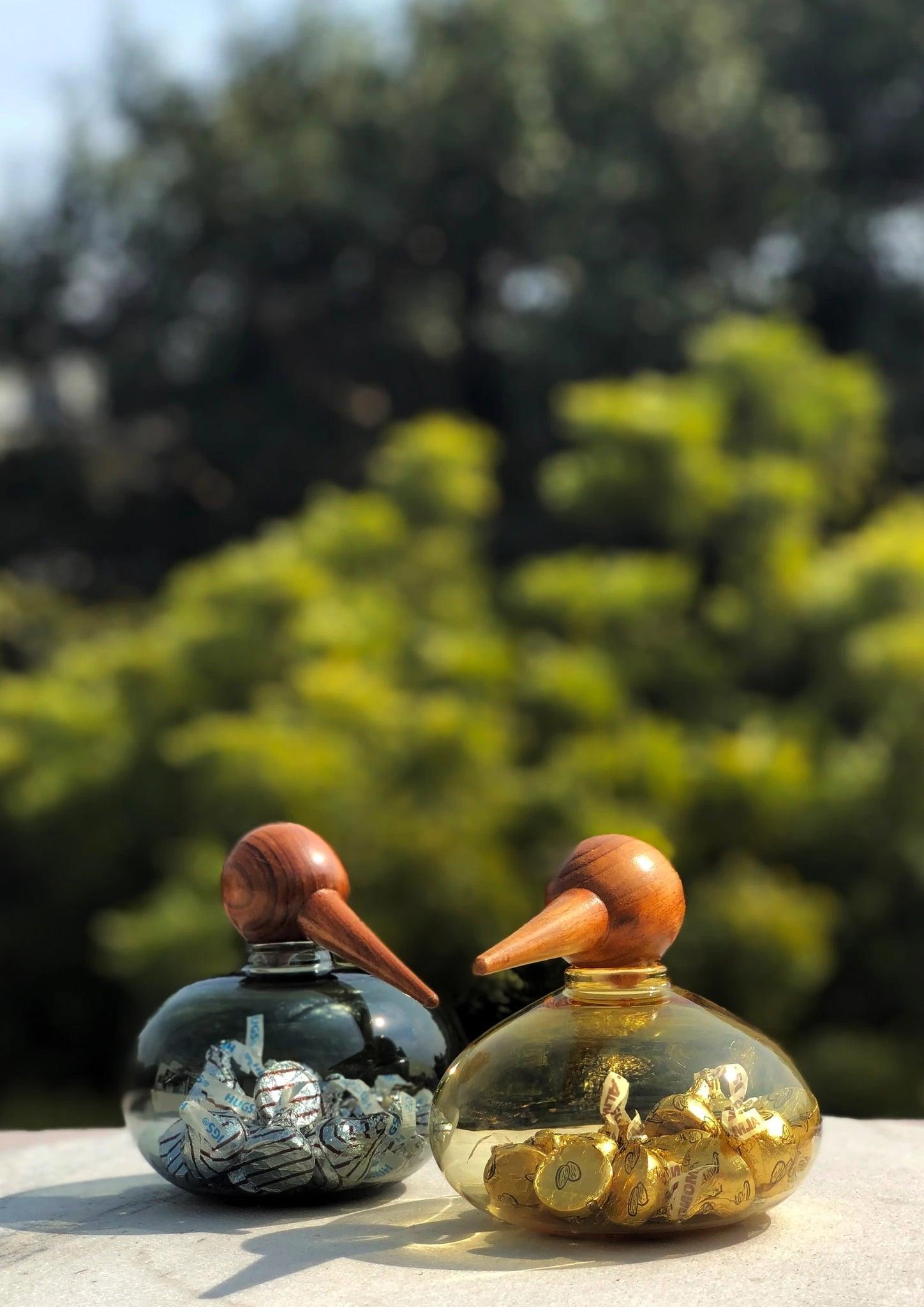 Glass Forest Chirp Small Yellow Borocillicate yellow glass jar with polished teak wood stopper