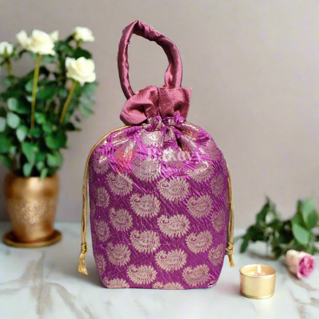 18x24 CM  Design Potli Bag  | Rose Pink with Silver Print | Pack Of 10