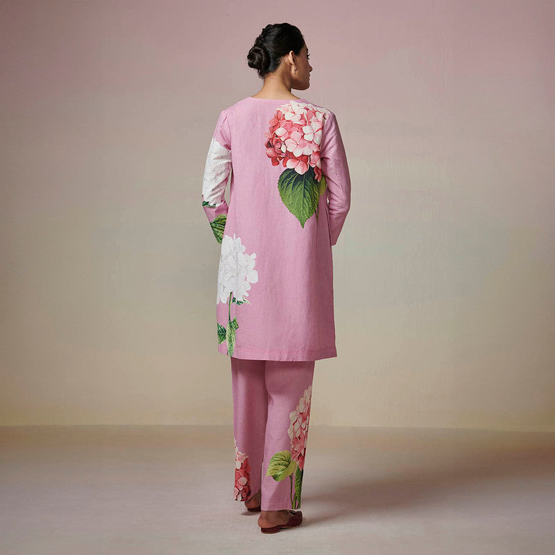 Cotton Linen Pink Kurta Set for Women | Printed