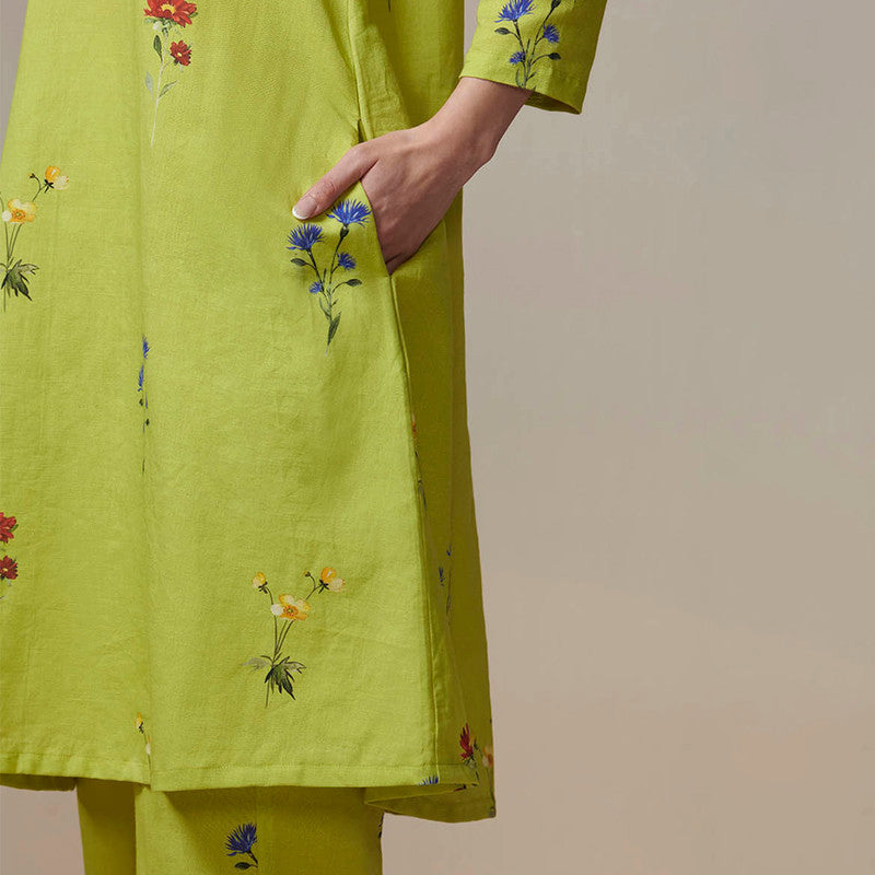 Cotton Linen Kurta Set for Women | Lime Green