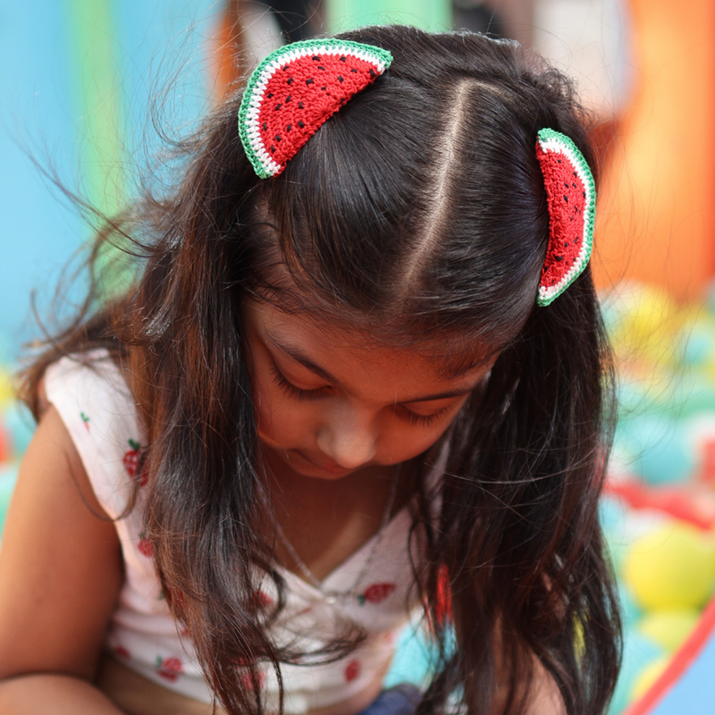 Cotton Watermelon Crochet Hair Clips For Girls | Red & Green | Set of 2