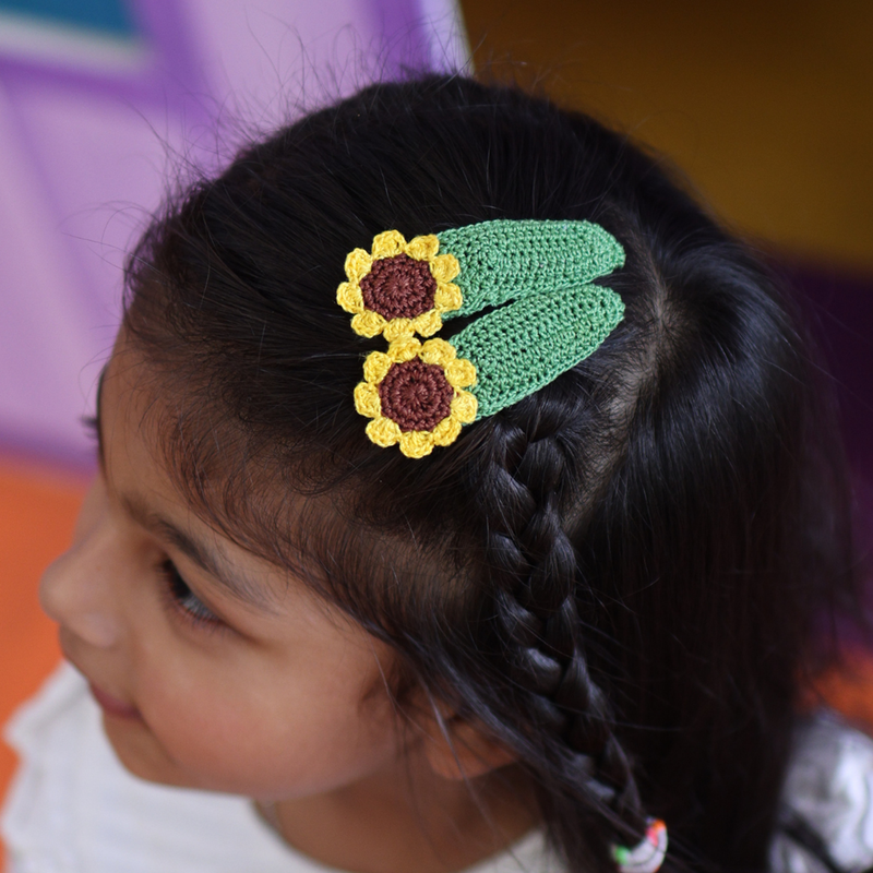 Cotton Sunflower Crochet Hair Clips For Girls | Yellow & Brown | Set of 2