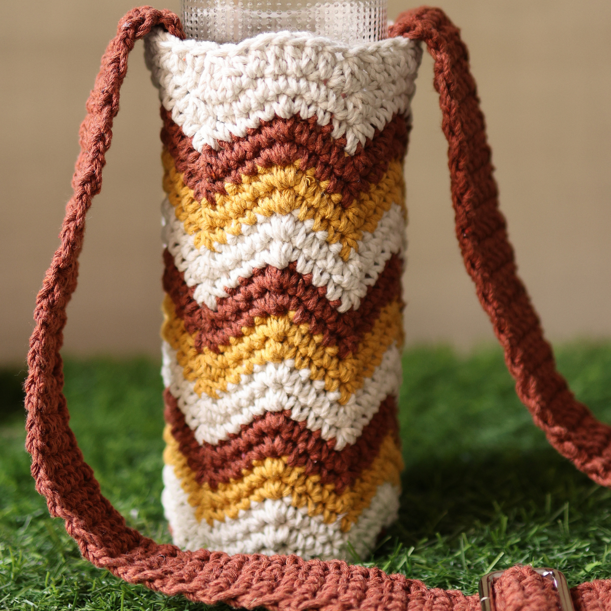 Cotton Crochet Sling Bottle Cover | Chevron Bottle Bag | Handmade | Brown