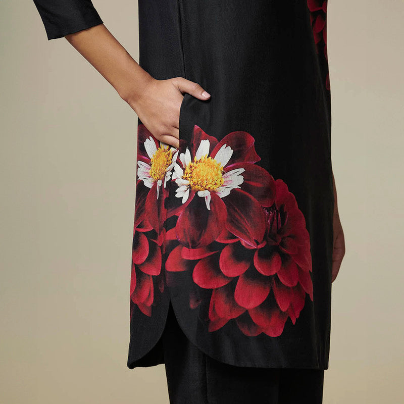 Chanderi Black Kurta Set for Women | Red Floral Print