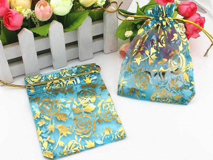 16x20 CM | Printed Organza Potli Bags | Pack of 40 | Sky Blue Colour | Candy Bag